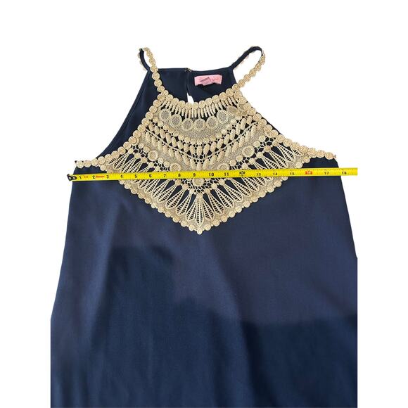 Lilly Pulitzer Pearl Soft Mini Shift Dress Navy Blue Gold Lace Size 2 Resort - Picture 9 of 9